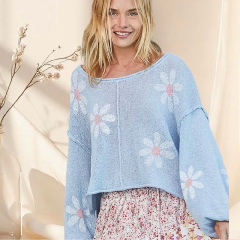 POL Sky Blue Daisy Print Sweater Lightweight Floral Balloon Sleeve Top - Picture 1 of 6